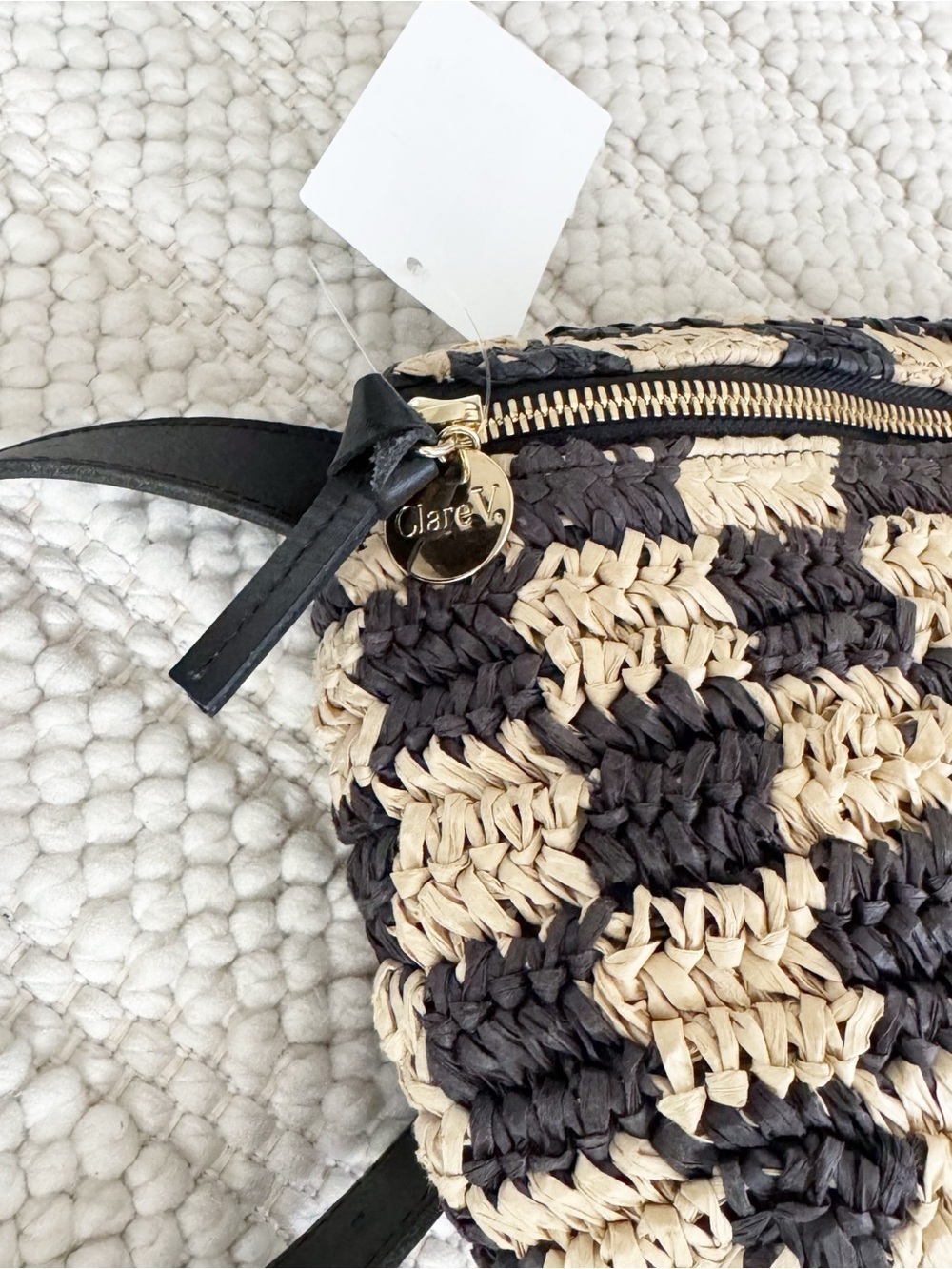 Clare V Checkerboard Woven Belt Bag NWT Black Natural Checker Raffia - Picture 7 of 9